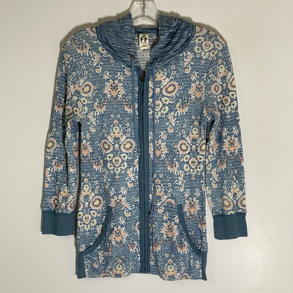 Free People Hoodie Womens Large Blue Floral Medallion Thermal Zip Up Jacket Boho